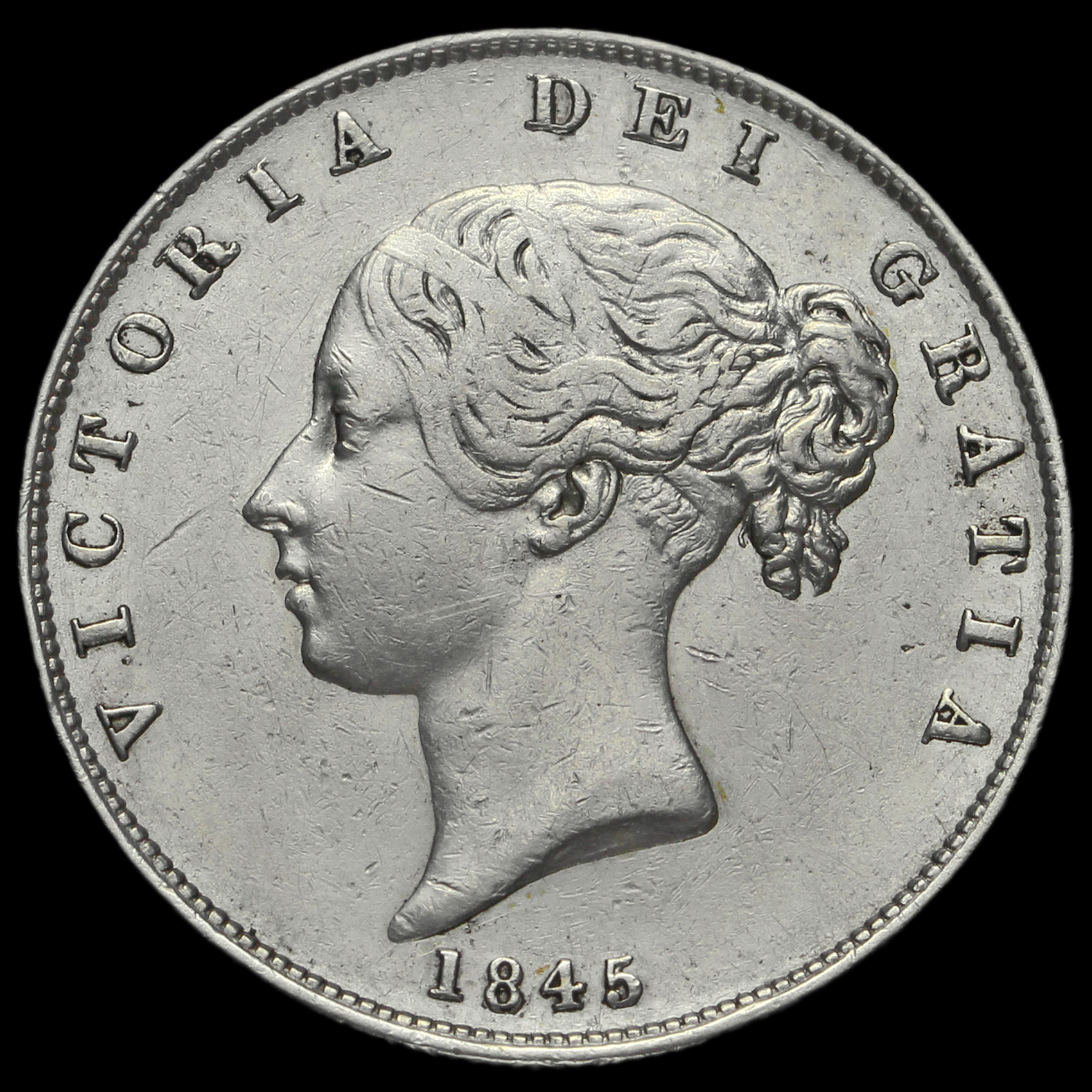1845 Queen Victoria Young Head Silver Half Crown, GVF 2