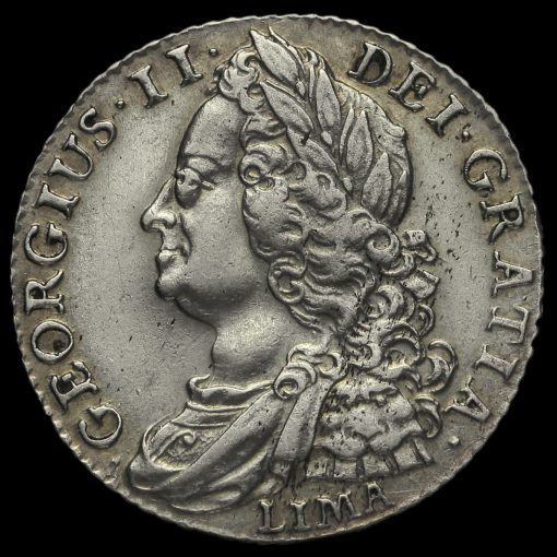 1745 George II Early Milled Silver Lima Shilling Obverse