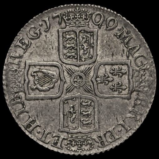1709 Queen Anne Early Milled Silver Shilling Reverse