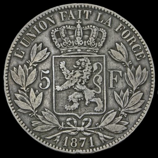 Belgium 1871 Leopold II Silver 5 Francs Reverse