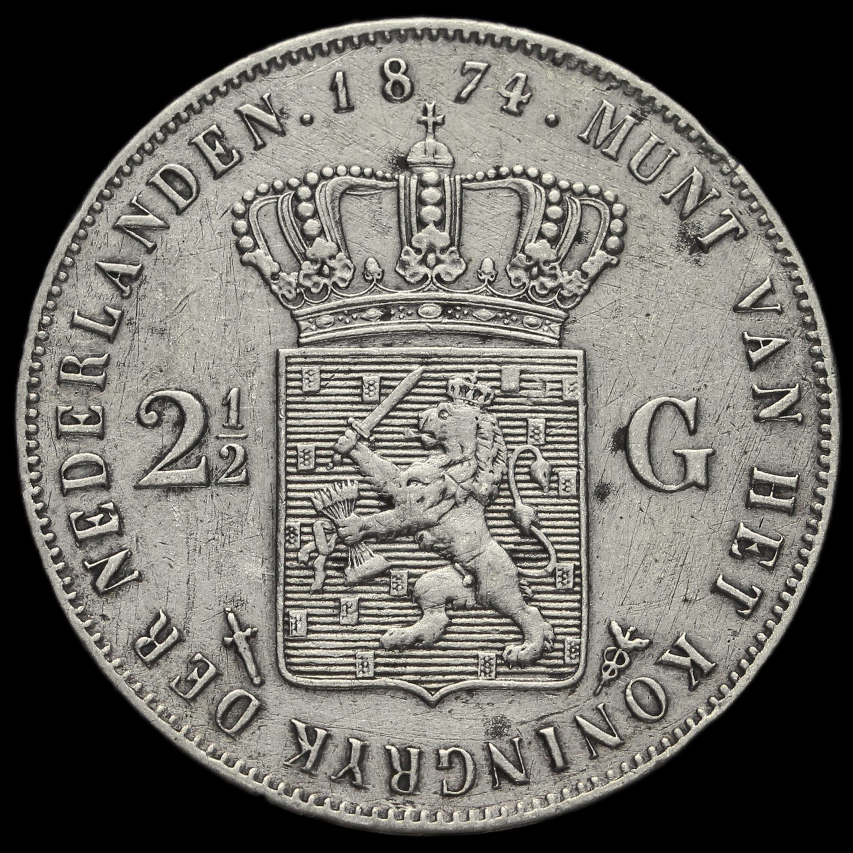 Netherlands 1874 Silver 2 1/2 Gulden