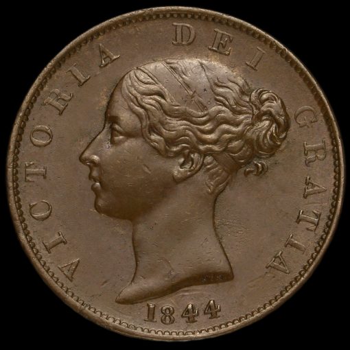 1844 Queen Victoria Young Head Copper Halfpenny Obverse