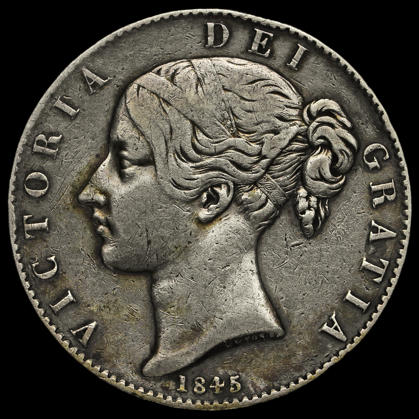 1845 Queen Victoria Young Head Silver Crown, Cinquefoil Stops, VF