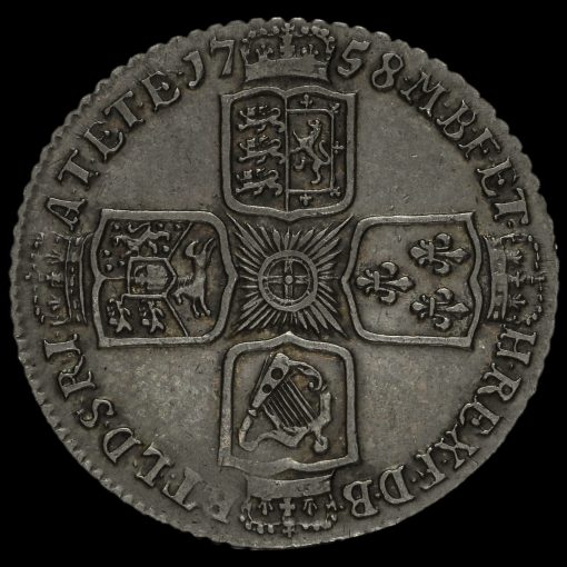 1758 George II Early Milled Silver Shilling Reverse