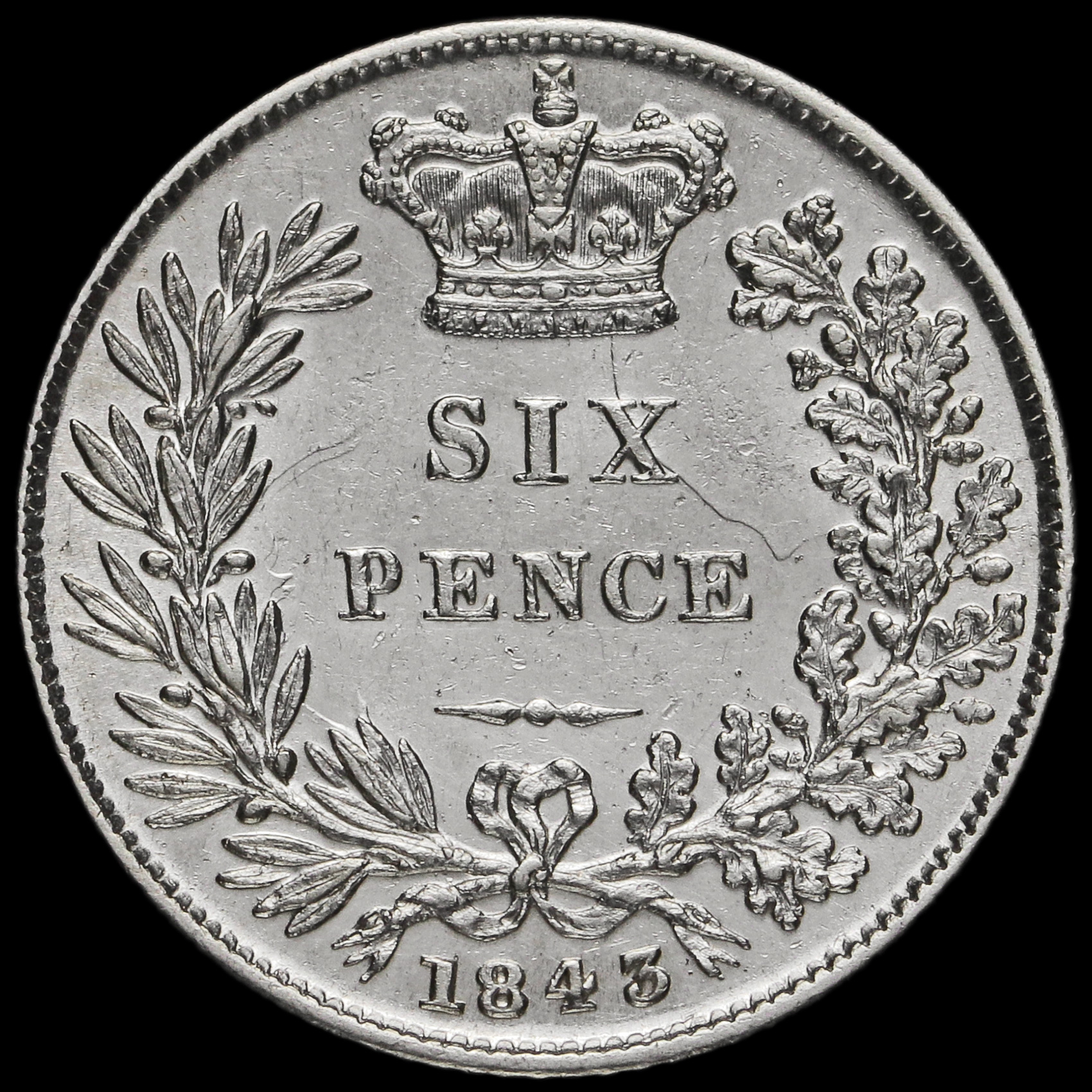 1843 Queen Victoria Young Head Silver Sixpence, Rare, EF