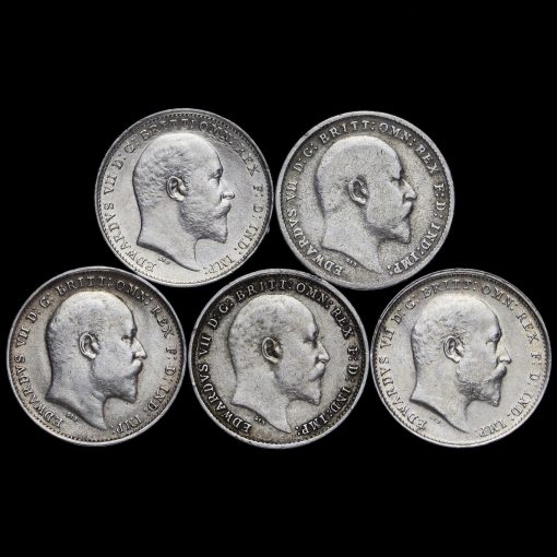 5 x Edward VII Silver Threepences Obverses
