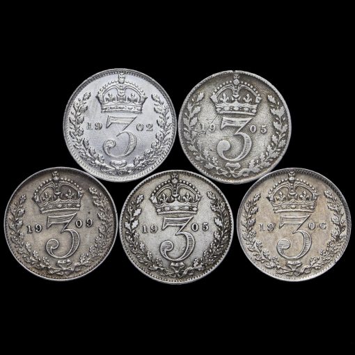 5 x Edward VII Silver Threepences Reverses