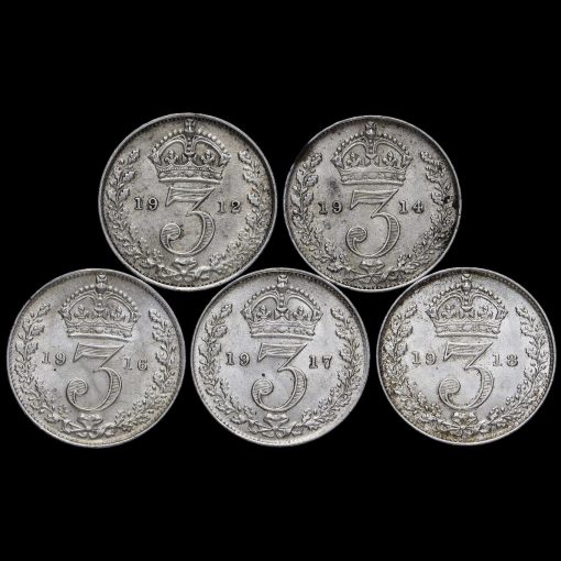 5 x George V Silver Threepences Reverse