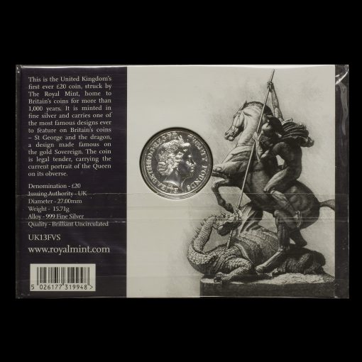 2013 St George and the Dragon £20 Twenty Pound Silver Coin Reverse of Pack