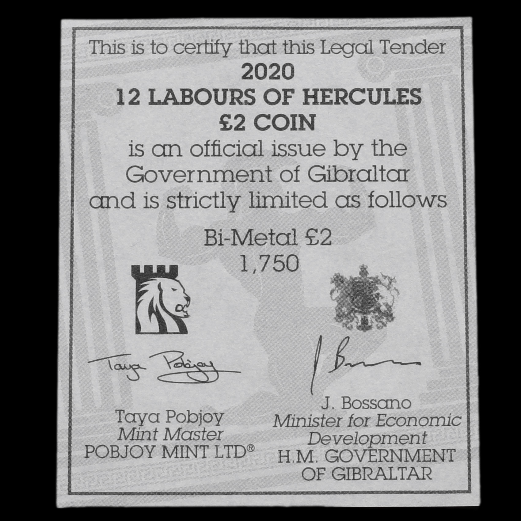 Gibraltar 2020 Labours of Hercules, The Cretan Bull Two Pound £2 Coin