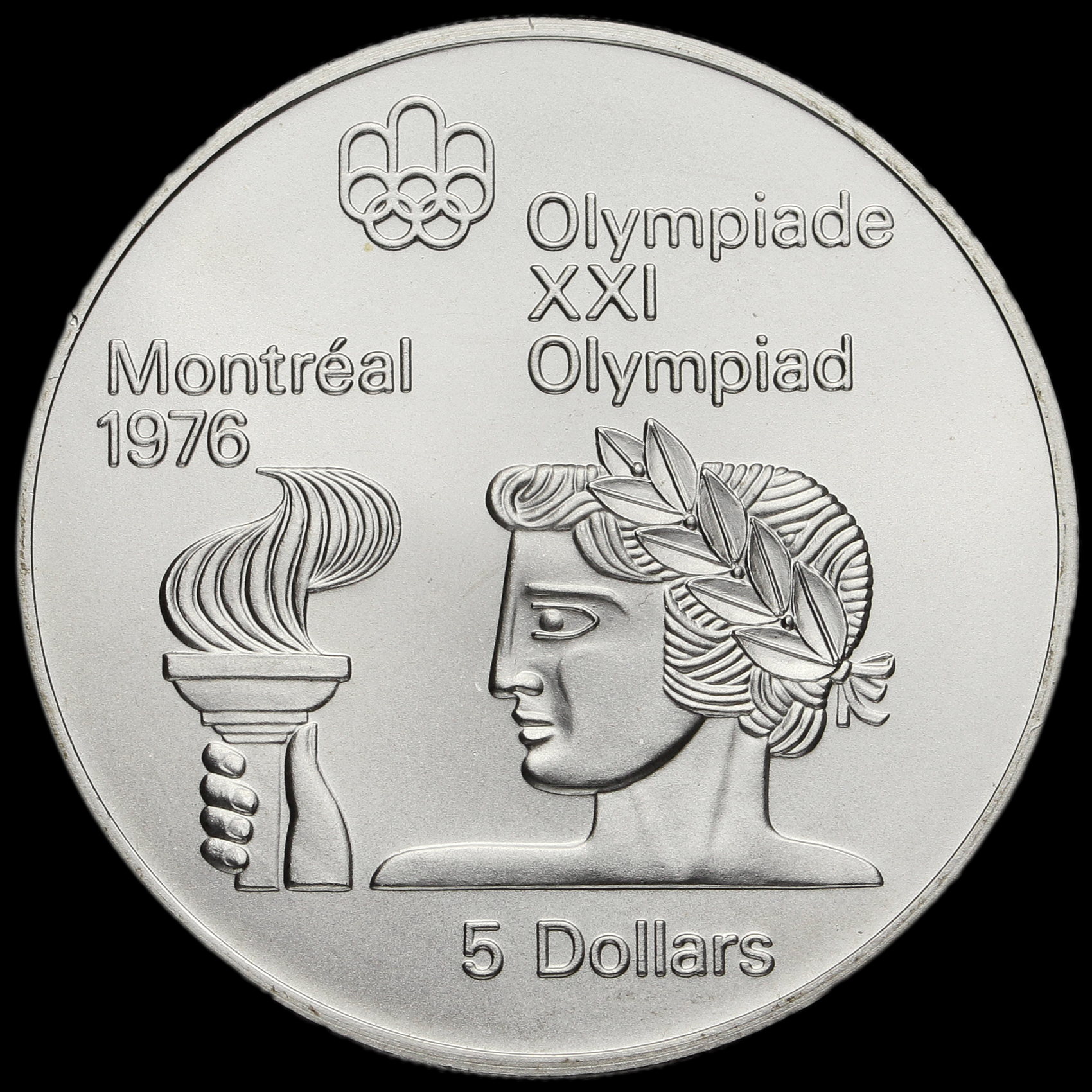 Canada 1974 .925 Silver 5 Dollars, Montreal Olympics, Torch, UNC