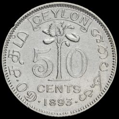 Ceylon (Sri Lanka) 1893 Queen Victoria Silver 50 Cents Reverse