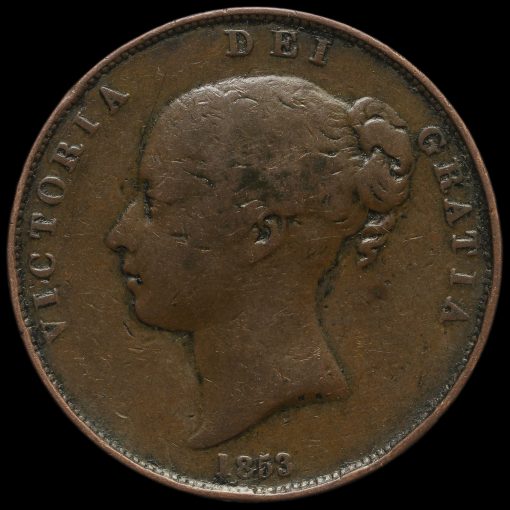 1853 Queen Victoria Young Head Copper Penny Obverse