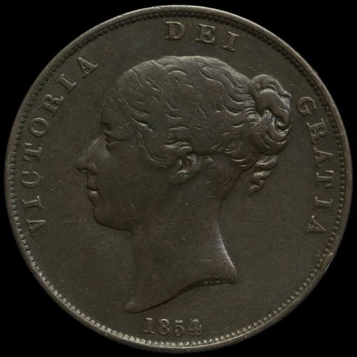 1854 Queen Victoria Young Head Copper Penny Obverse