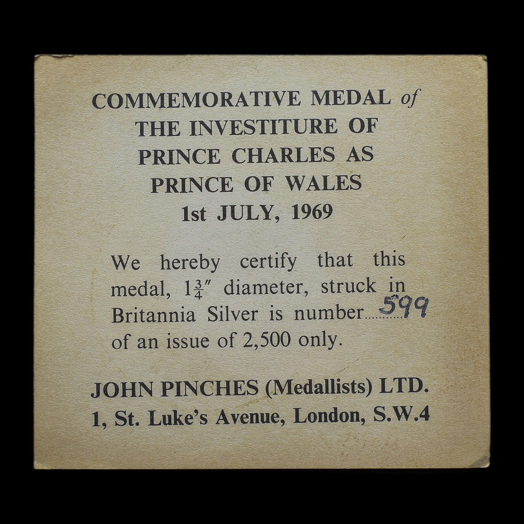 1969 Prince of Wales Investiture Large Silver Medal Certificate