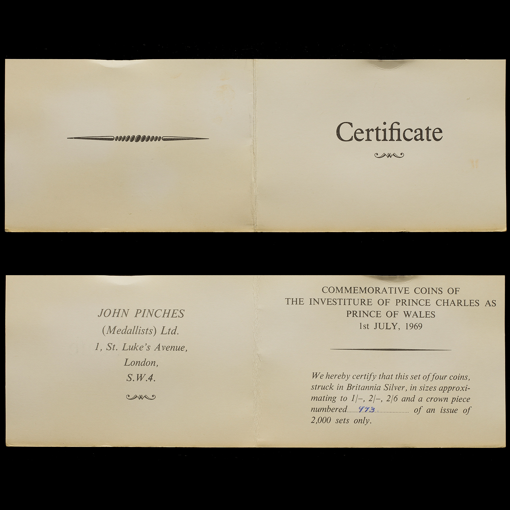 1969 Prince of Wales Investiture Four Silver Proof Medal Set Certificate