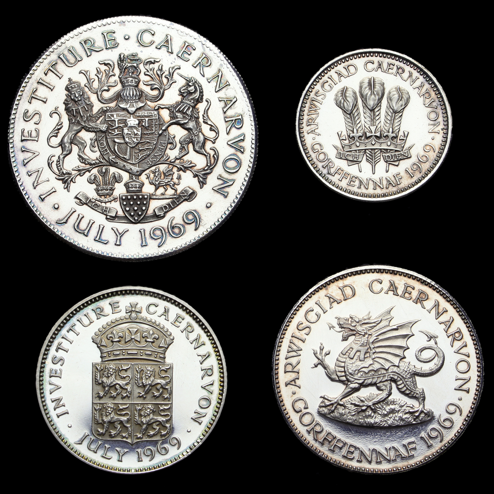 1969 Prince of Wales Investiture Four Silver Proof Medal Set Reverse