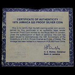 Jamaica 1979 Sterling Silver Proof 25 Dollar Coin CoA