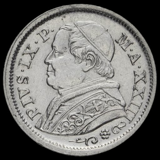 Papal States 1868 Pope Pius IX Silver 10 Soldi Coin Obverse