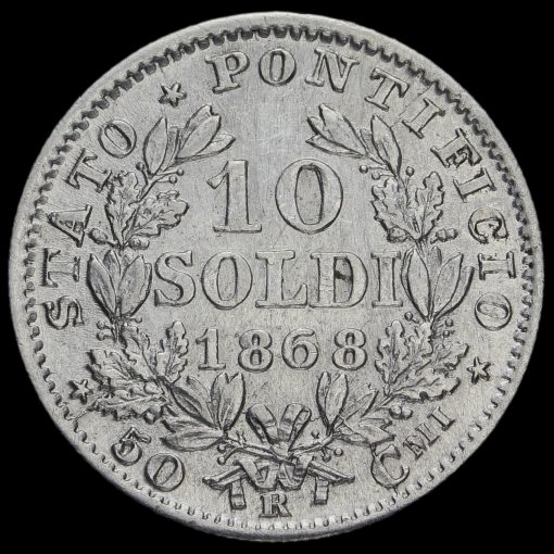Papal States 1868 Pope Pius IX Silver 10 Soldi Coin Reverse