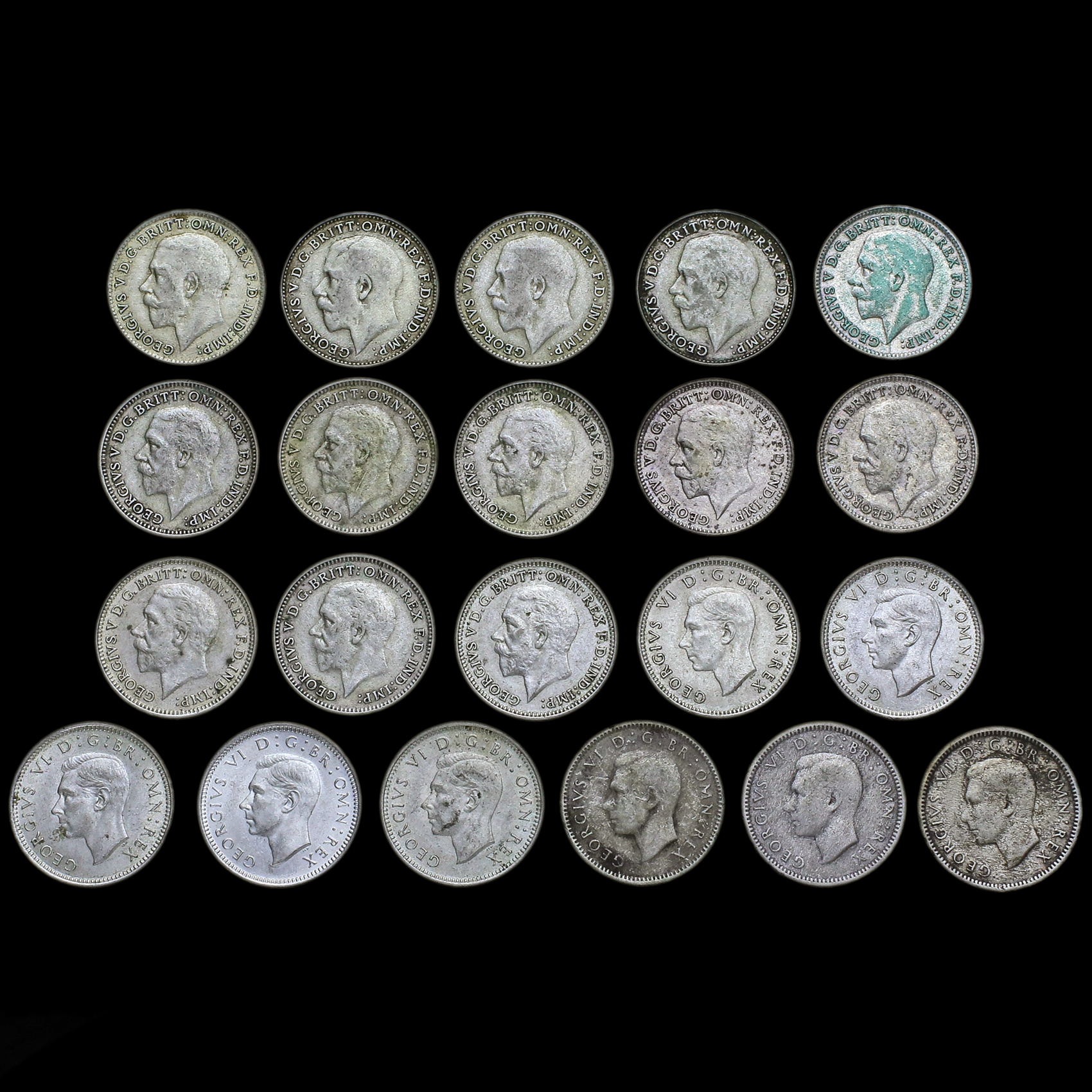 21 x George V & VI Silver Threepences Obverse