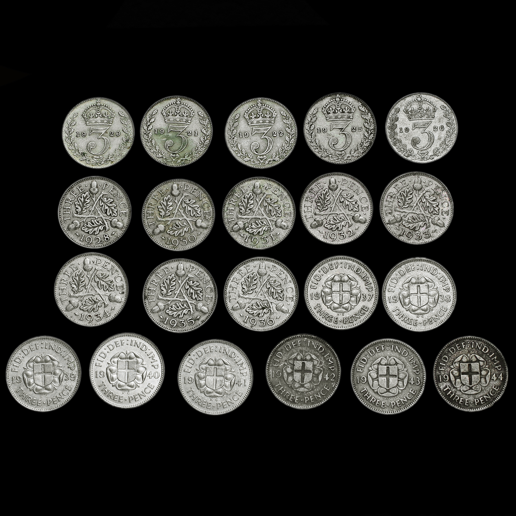 21 x George V & VI Silver Threepences Reverse