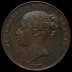 1858 Queen Victoria Young Head Copper Penny Obverse