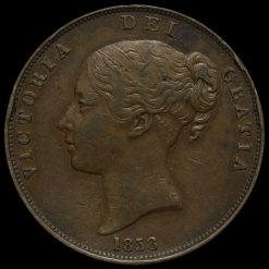 1858 Queen Victoria Young Head Copper Penny Obverse