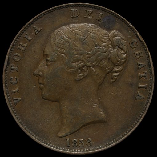 1858 Queen Victoria Young Head Copper Penny Obverse