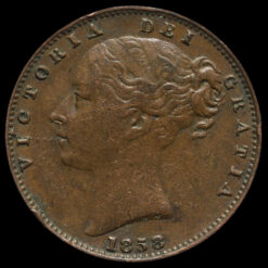 1858 Queen Victoria Young Head Copper Farthing Obverse