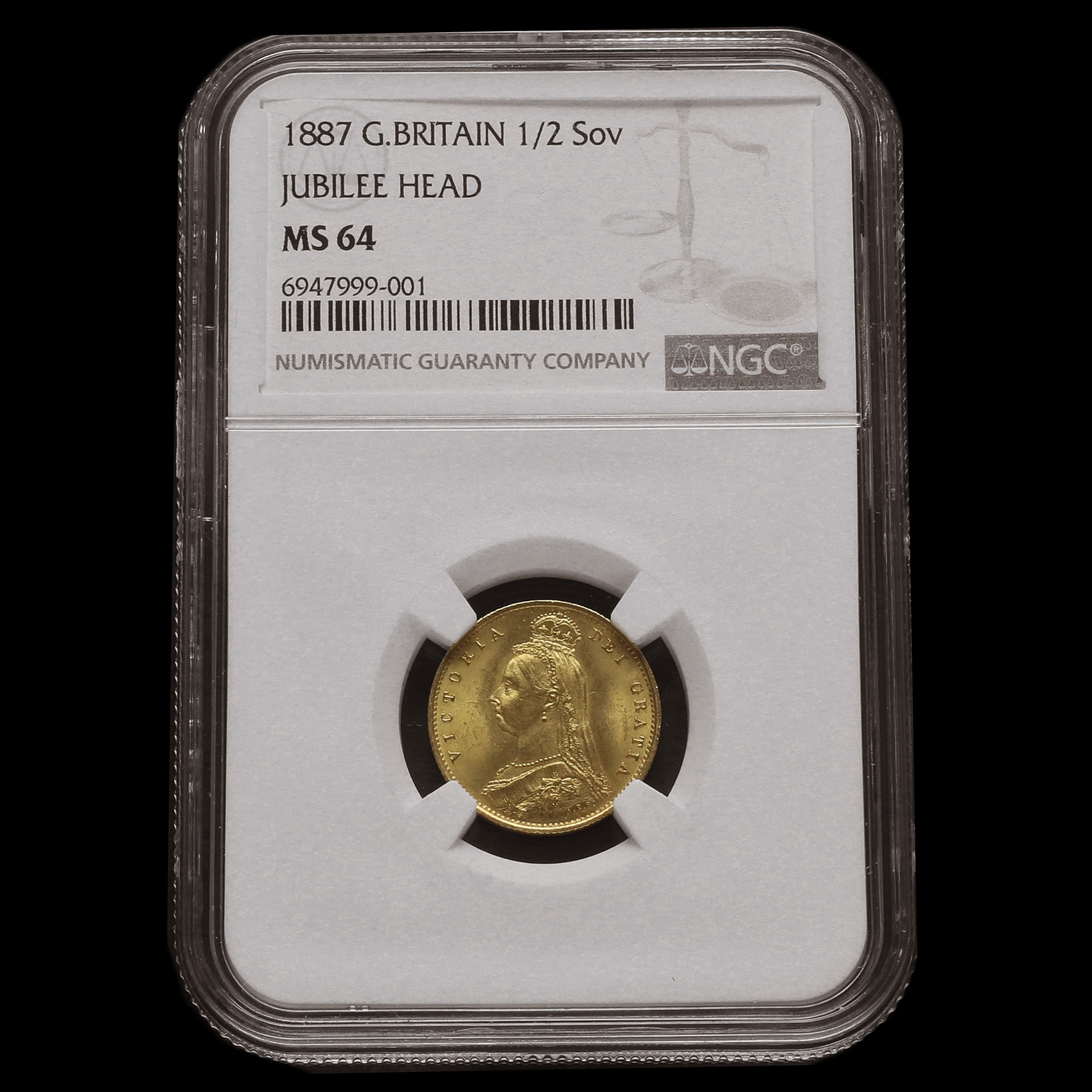 1887 Queen Victoria Jubilee Head Gold Half Sovereign, NGC MS 64