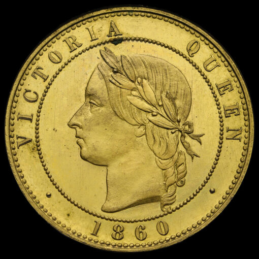 1860 Queen Victoria Gilt Copper Pattern Penny by Joseph Moore Obverse