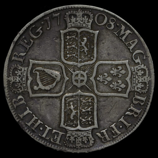 1708 Queen Anne Early Milled Silver Septimo Half Crown Reverse