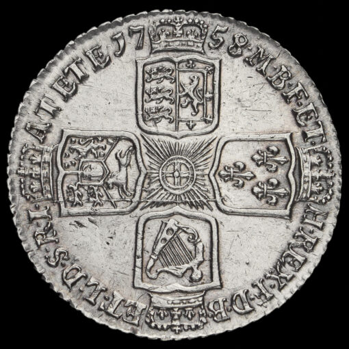 1758 George II Early Milled Silver Shilling Reverse