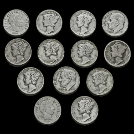 13 Assorted USA Silver Dimes Obverses