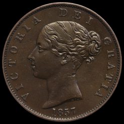 1857 Queen Victoria Young Head Copper Halfpenny Obverse