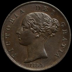 1854 Queen Victoria Young Head Copper Halfpenny Obverse